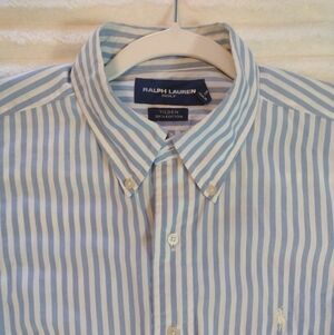 Ralph Lauren Golf Blue White Stripe Button Down Shirt Men L Tilden Cotton Preppy